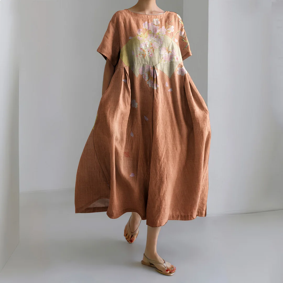 Japanese Art Print Casual Short Sleeve Loose Midi Dress