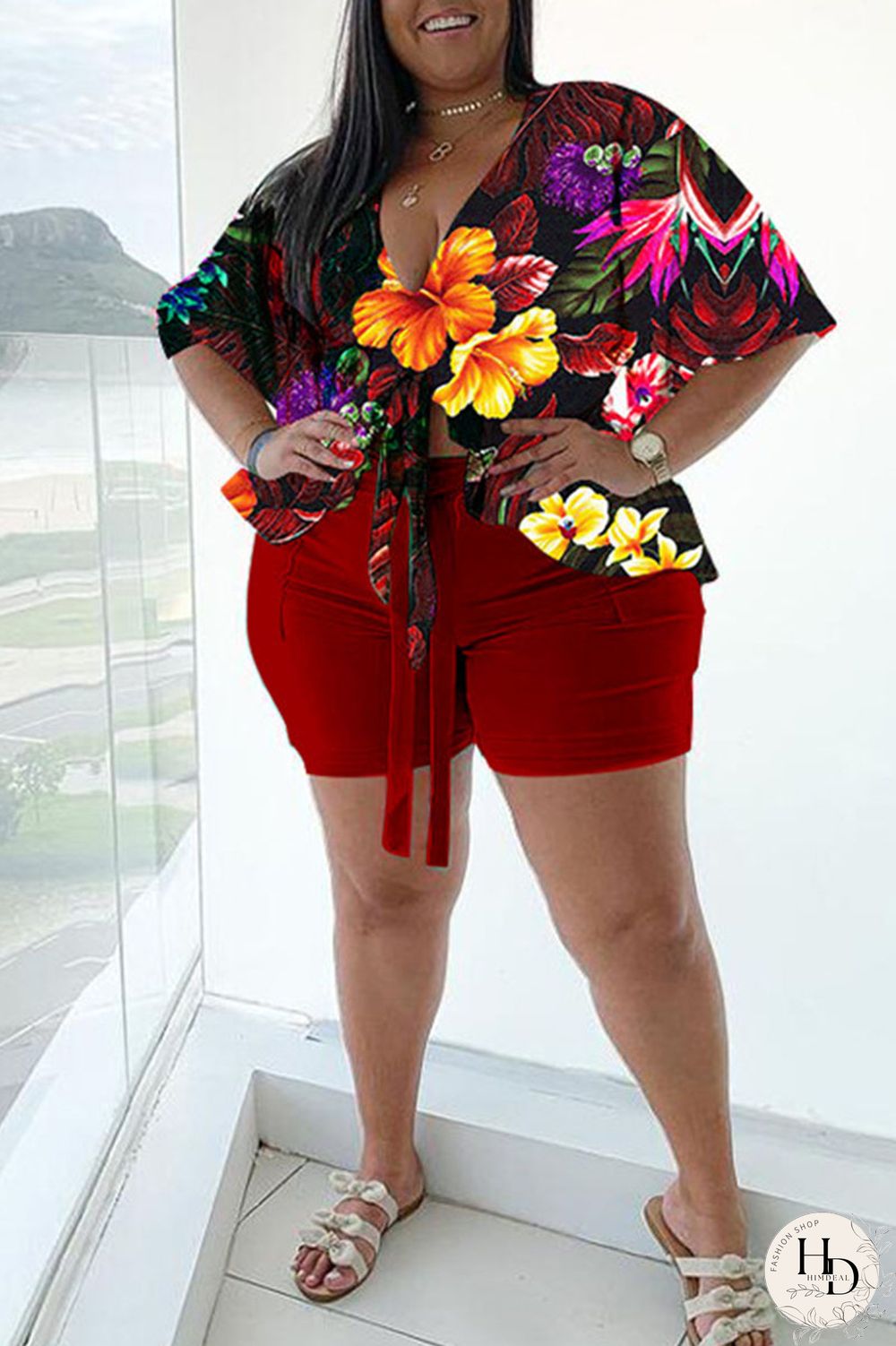 Blue Casual Print Bandage Split Joint V Neck Plus Size Two Pieces