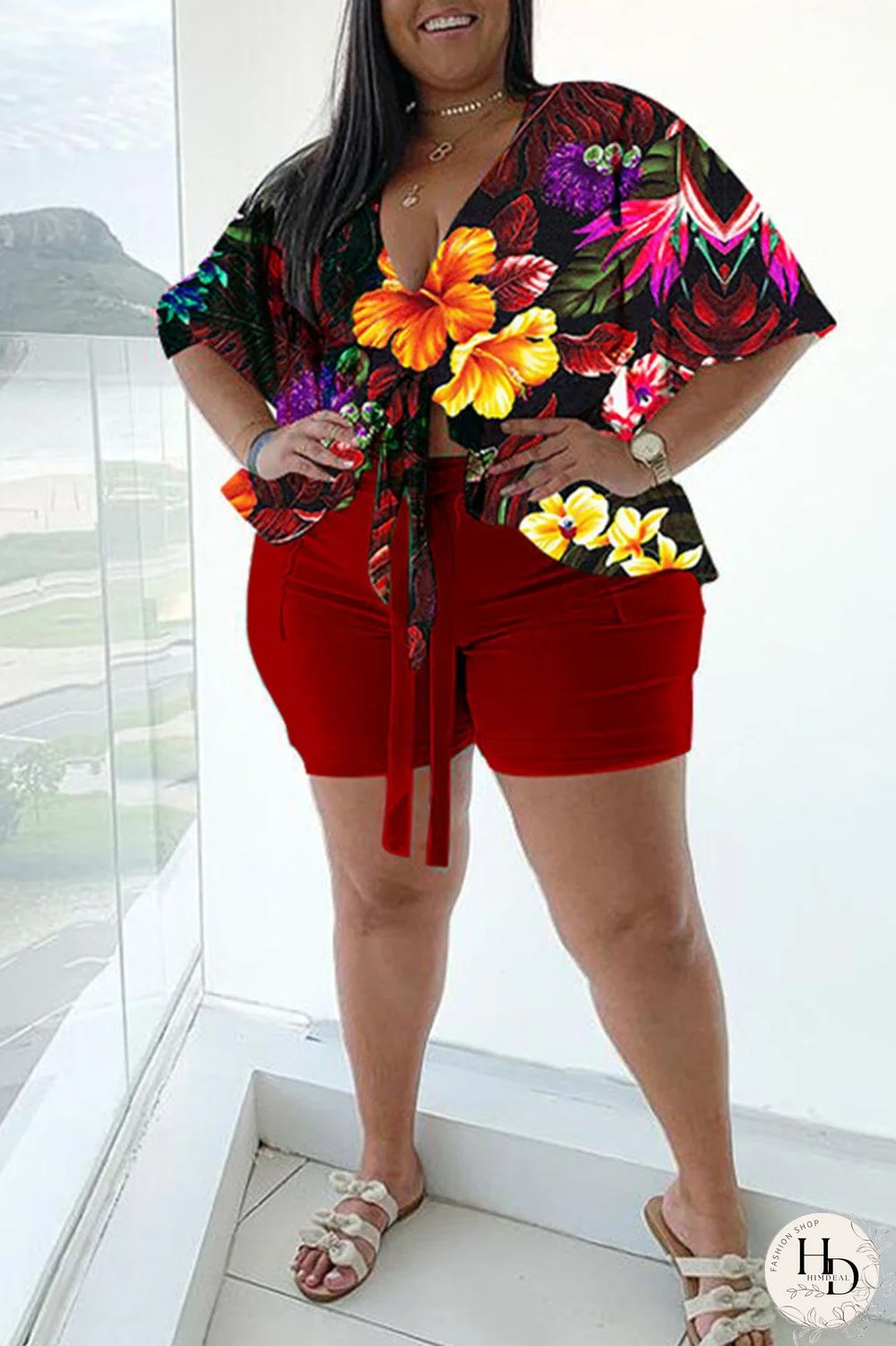 Blue Casual Print Bandage Split Joint V Neck Plus Size Two Pieces