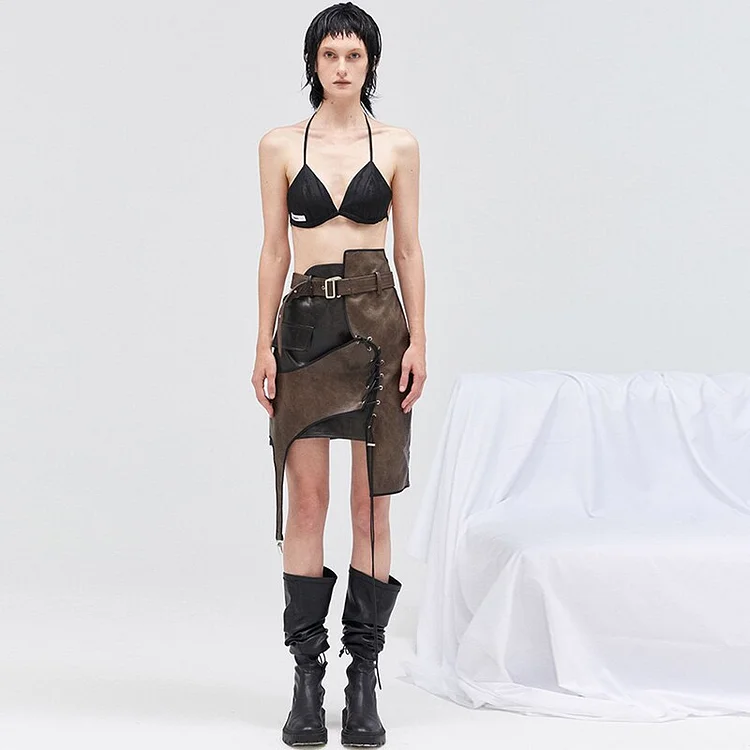 Design Cool High Waist Splicing Belt Asymmetrical Patchwork Irregular Lace-up Leather Skirt