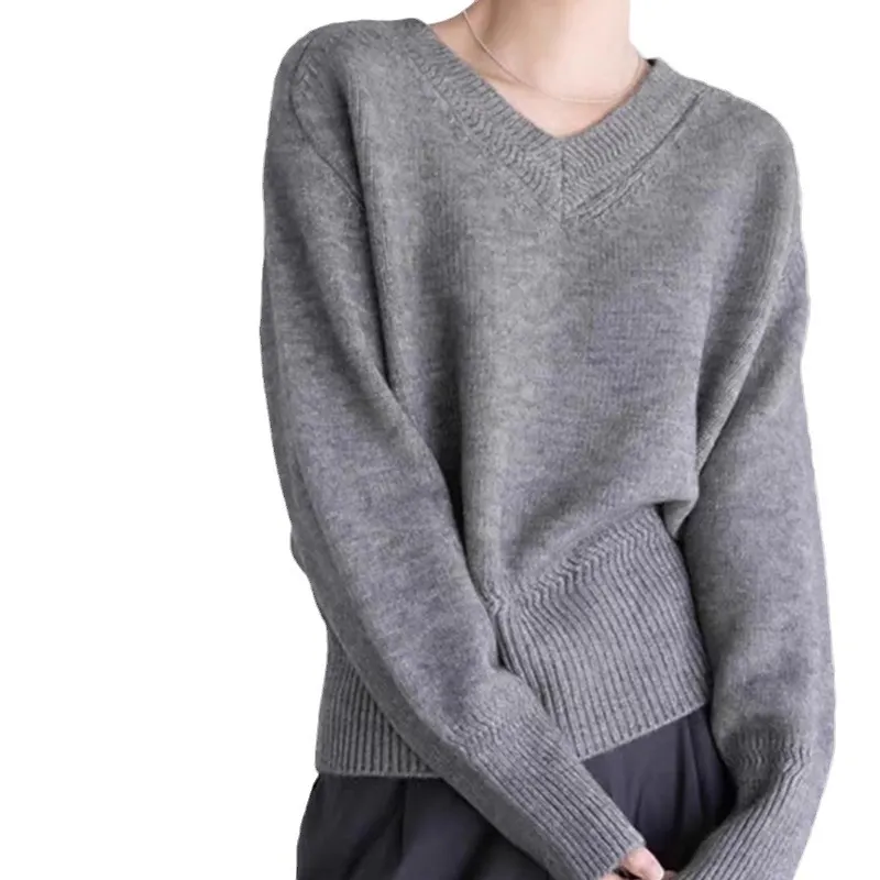 Churchf Churchf Autumn Winter New Style Lazy Wind Restoring Ancient Ways Temperament V Collar Design Sense Sweater Simple And Versatile Pure Color Sweater Female