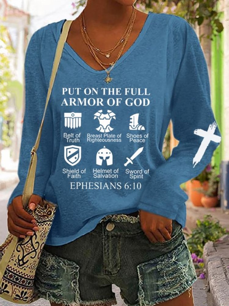 Comstylish Armor of God Cross Print V Neck T Shirt