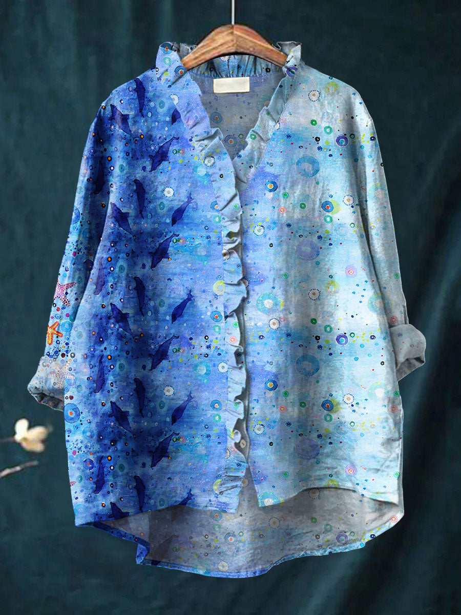 Women's Vintage Blue Ocean Art Print Casual Cotton And Linen Ruffle Shirt