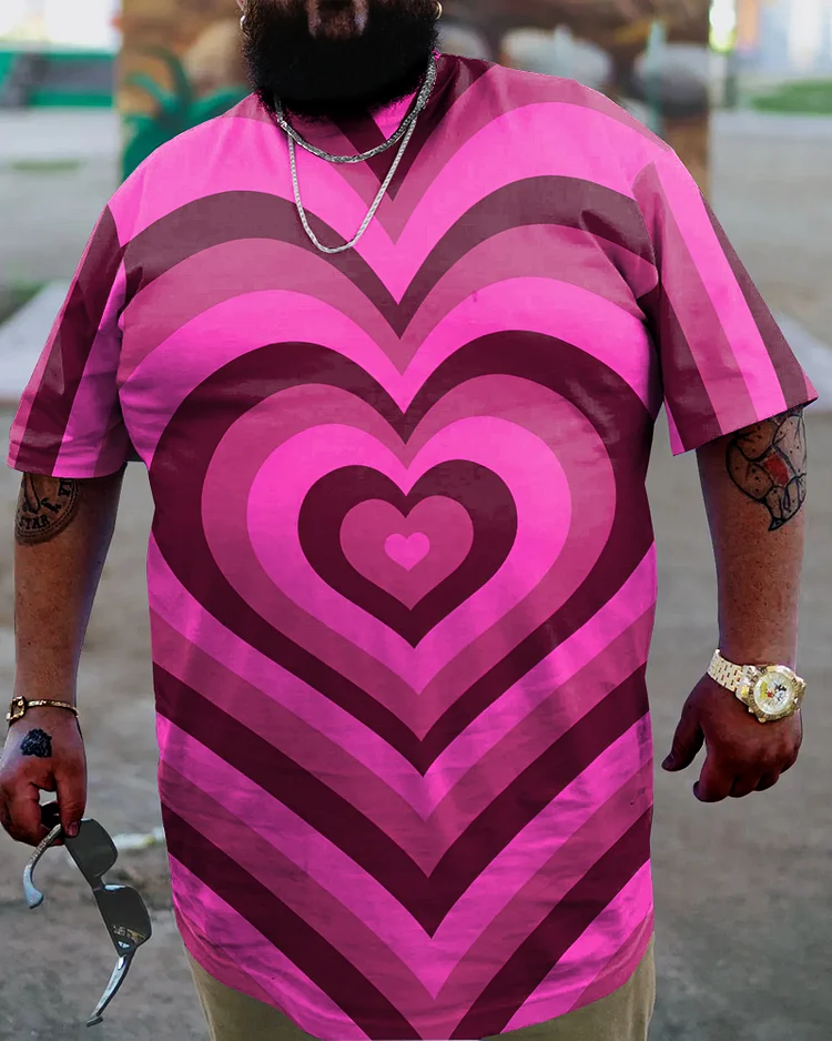 Men's Plus Size Casual Pink Art Launch Heart T-Shirt