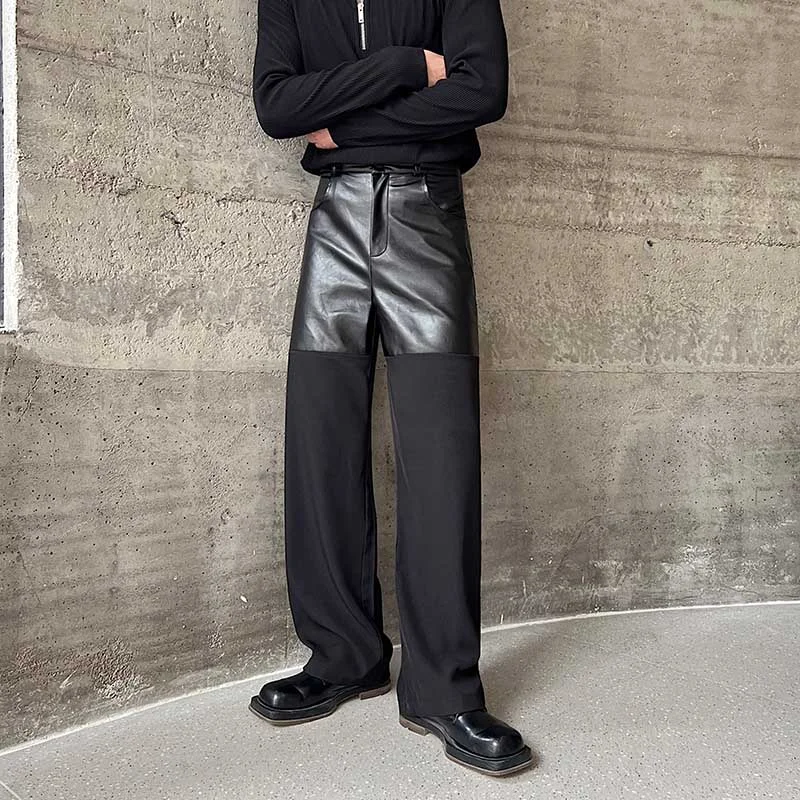 Aonga Contrast Color Leather Straight Leg Pants