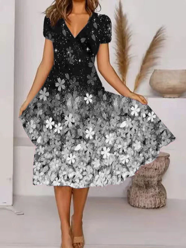 Women's Short Sleeve V-neck Floral Printed Midi Dress