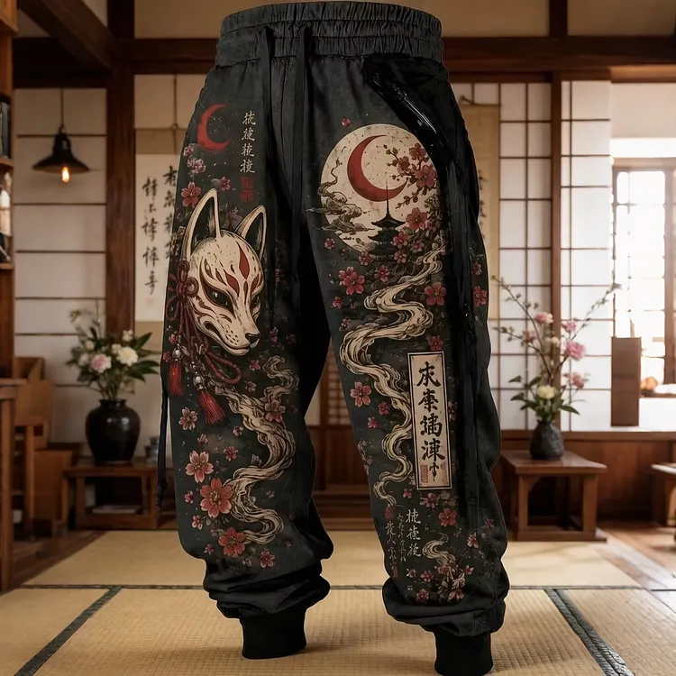 Men's Japanese Kitsune Fox Cherry Blossom Pagoda Moon Kanji Art Print Loose Drawstring Waist Sweatpants