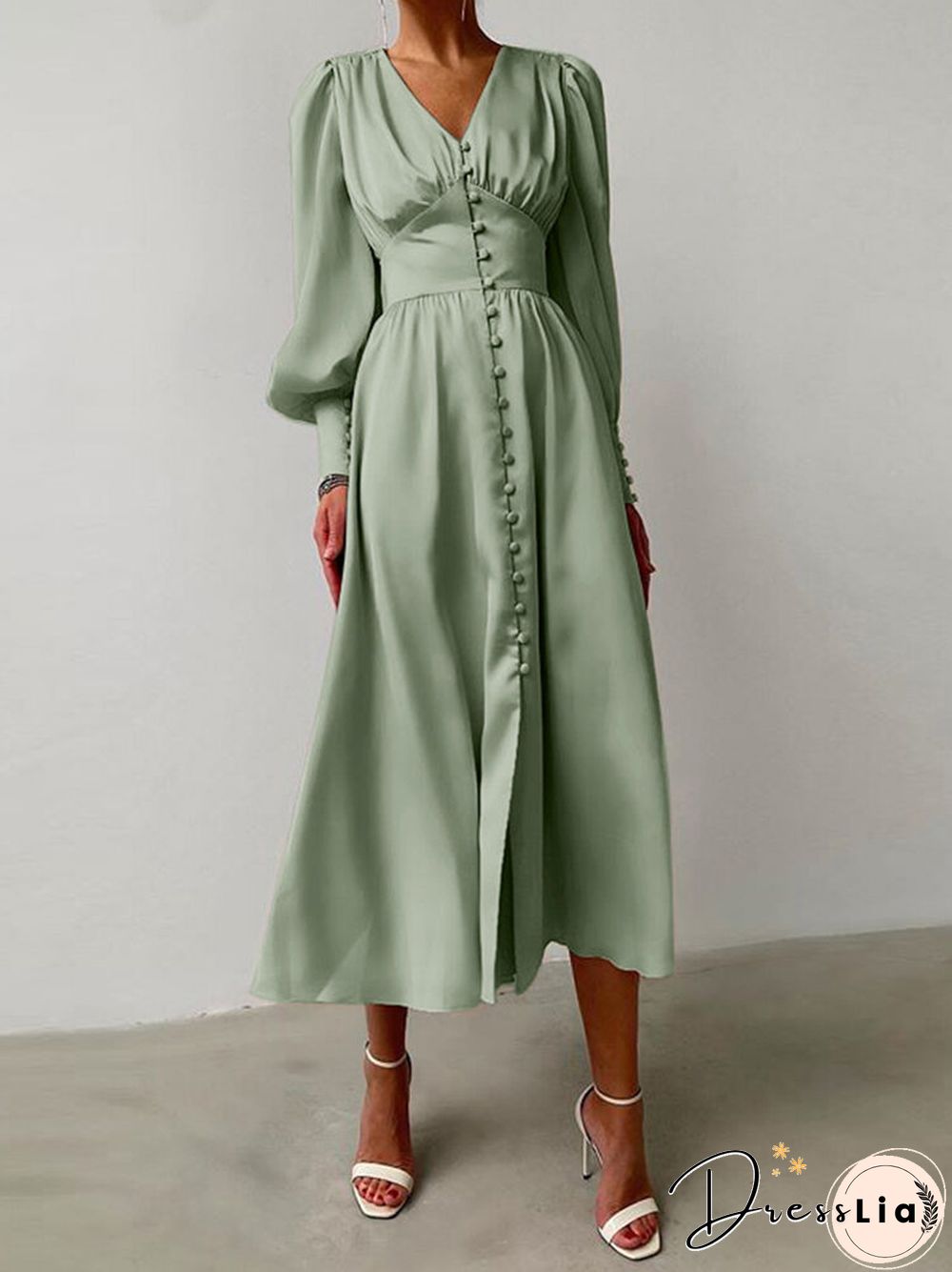 Solid Color Patchwork Puff Sleeves V-neck Satin Casual Dress