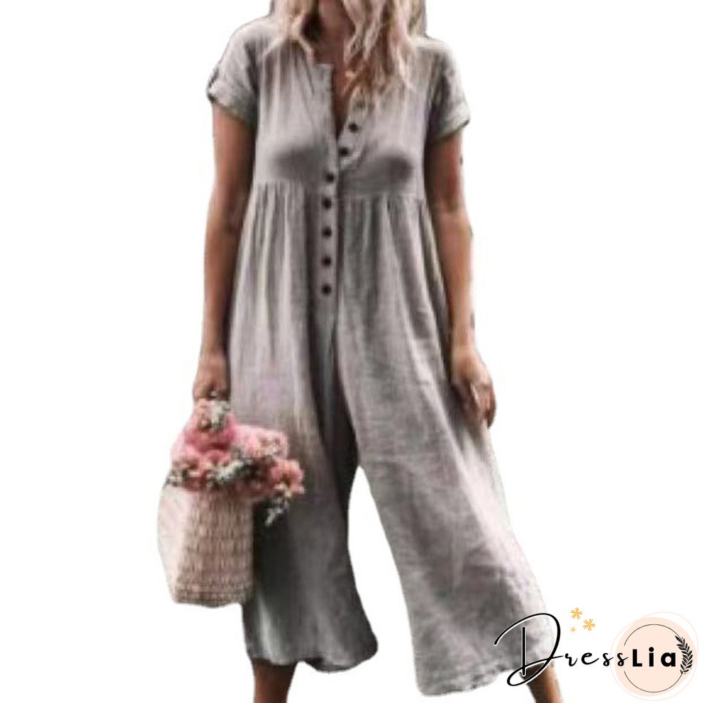 Women V Neck Short Sleeve Button Down Wide Leg Jumpsuits Rompers