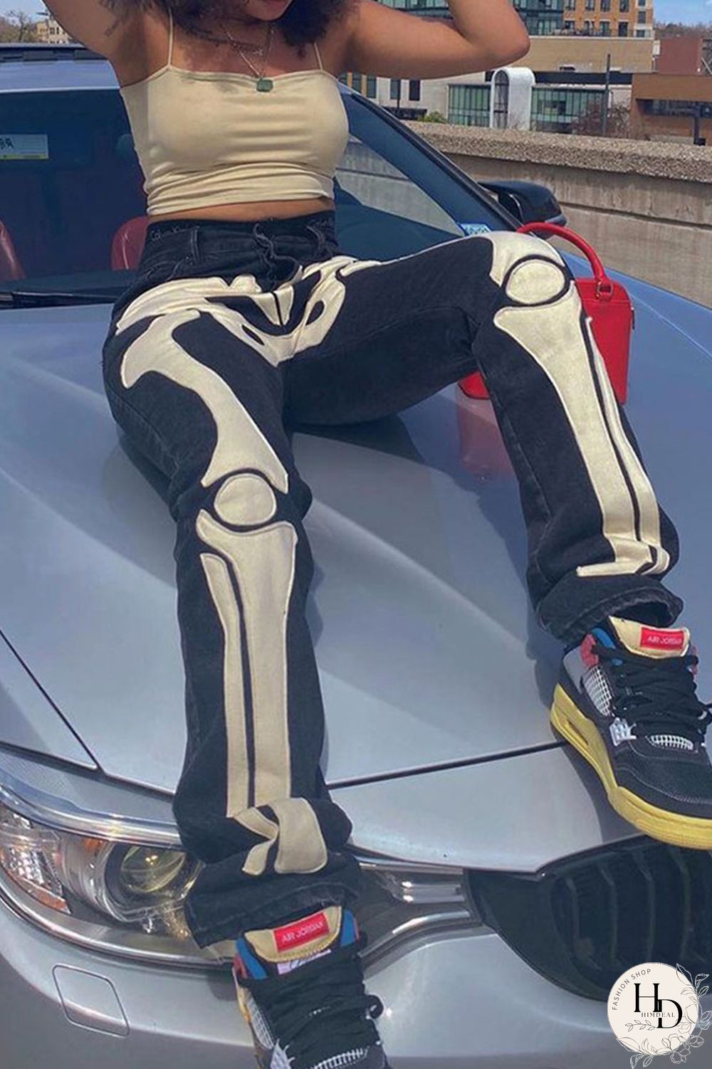 Grey Casual Street Print Patchwork High Waist Denim Jeans