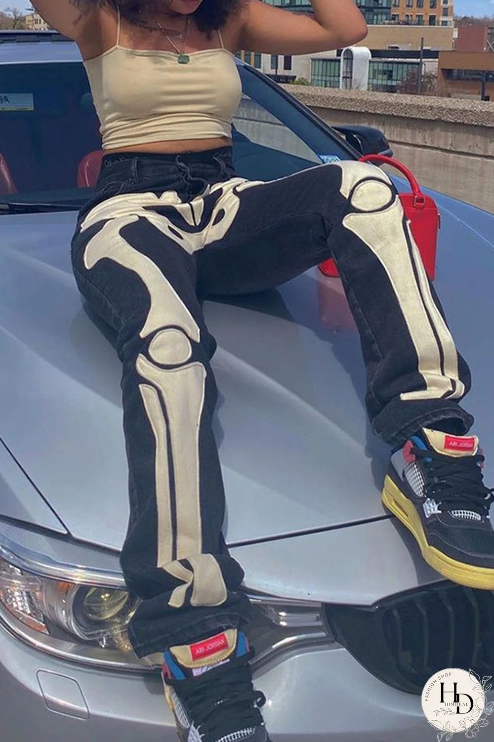 Grey Casual Street Print Patchwork High Waist Denim Jeans