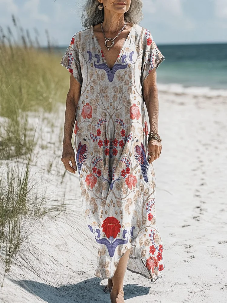 Women's Vintage Flower Art Print Pocket Cotton Dress