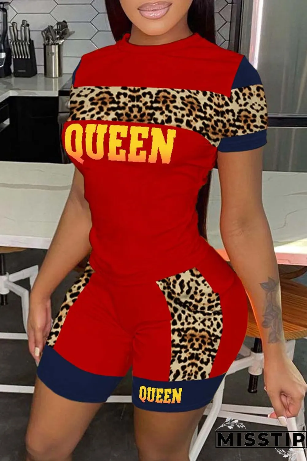 Pink Casual Letter Print Patchwork O Neck Short Sleeve Two Pieces