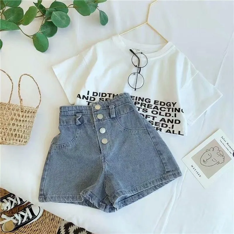 Children's Suit 2021 Summer New Girls Set Children's Casual  T-shirt Letter denim shorts two-piece Round Neck