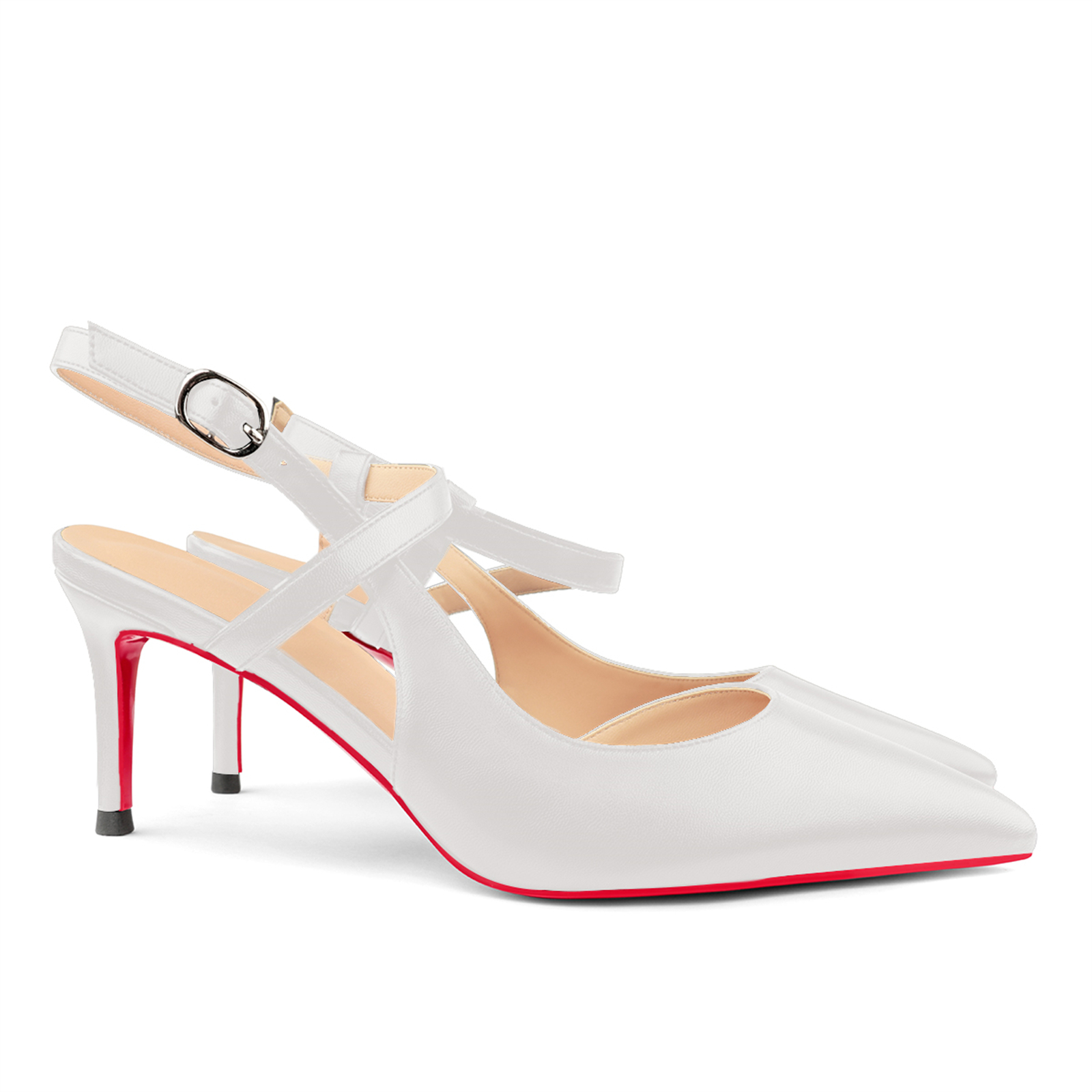 65mm Women Slingback Pumps Ankle Strap Jenlove Stiletto Pointed Toe Dress Red Bottoms Matte Heels Shoes-vocosishoes