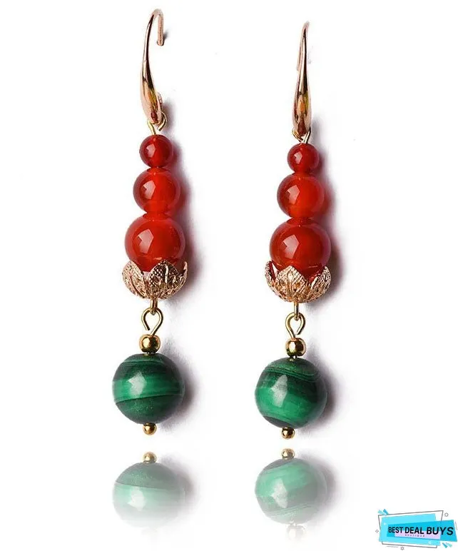 Women Overgild Agate Gem Stone Round Drop Earrings