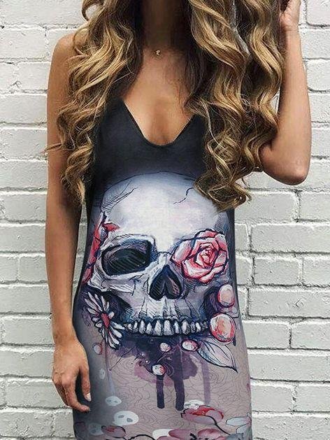 Summer Floral Skull Heart V-Neck Mini Dress