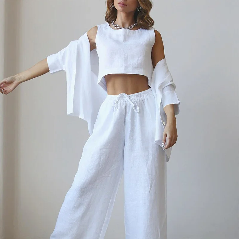 Summer Women Vest Shirt Pants 3 Pieces Set Cotton Linen Crop Tank High Waist Wide Leg Pants Suit Female New Causal Lady Homewear