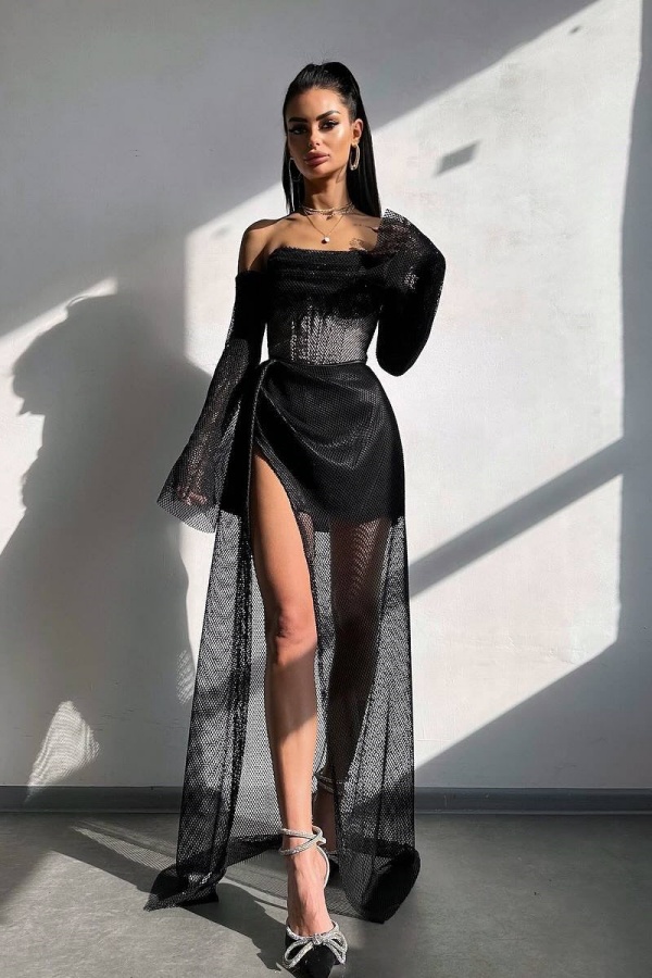 Chic Hollow Black Split Strapless Prom Dress | ZT0692