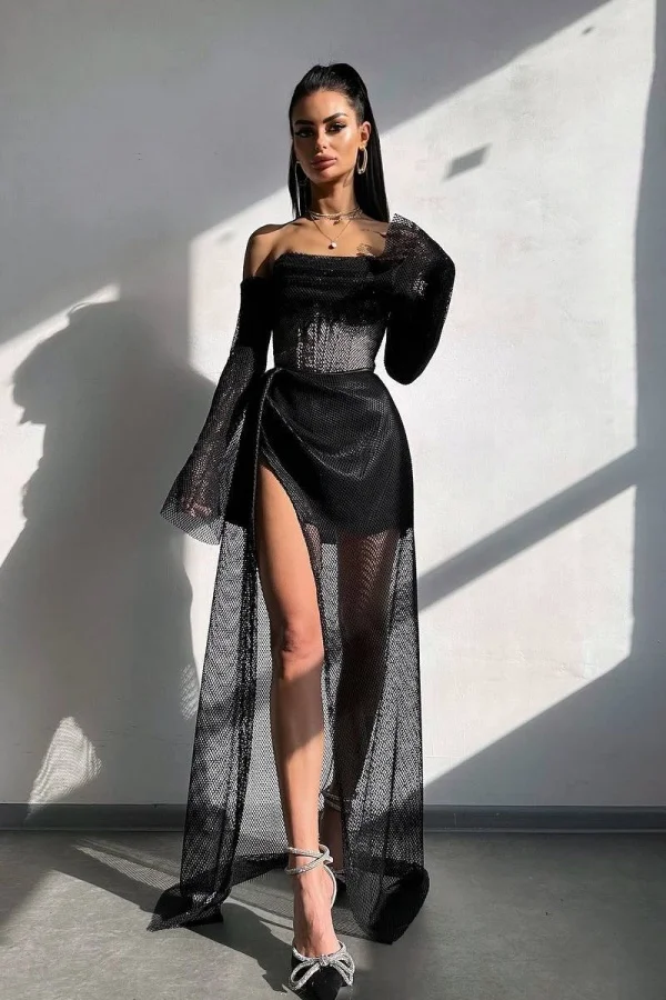 Black Chic Hollow Split Strapless Prom Dress ZT0692