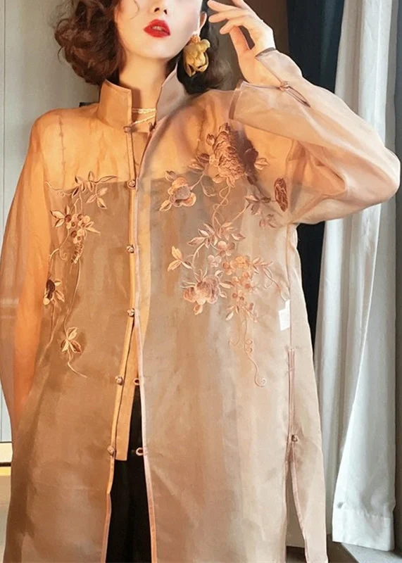 Beautiful Light Brown Embroideried Side Open Sashes Silk Shir Long Sleeve