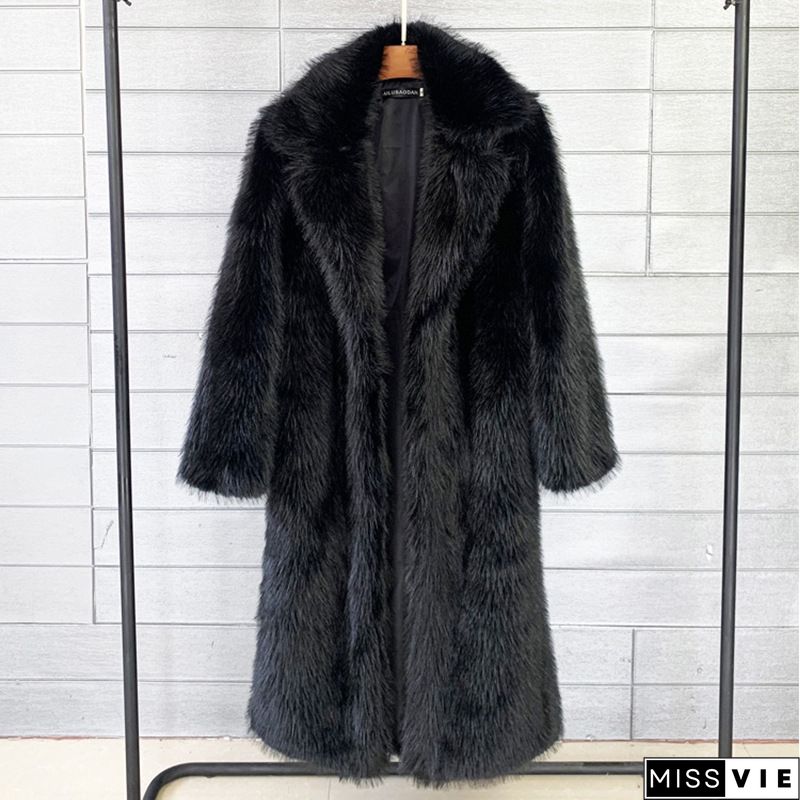Women's Winter New Fashion Plus Size Luxury Elegant Solid Color Turn Down Collar Faux Fur Coat Warm Outerwear Tops