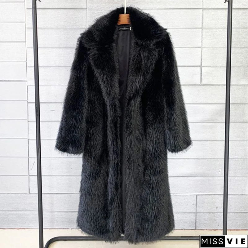 Women's Winter New Fashion Plus Size Luxury Elegant Solid Color Turn Down Collar Faux Fur Coat Warm Outerwear Tops