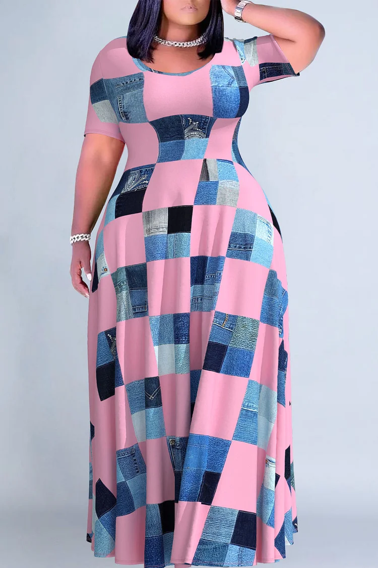 Plus Size Casual Pink Denim Print Short Sleeve Maxi Dresses