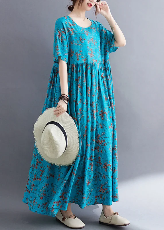 Loose Blue O Neck Print Wrinkled Cotton Dresses Summer