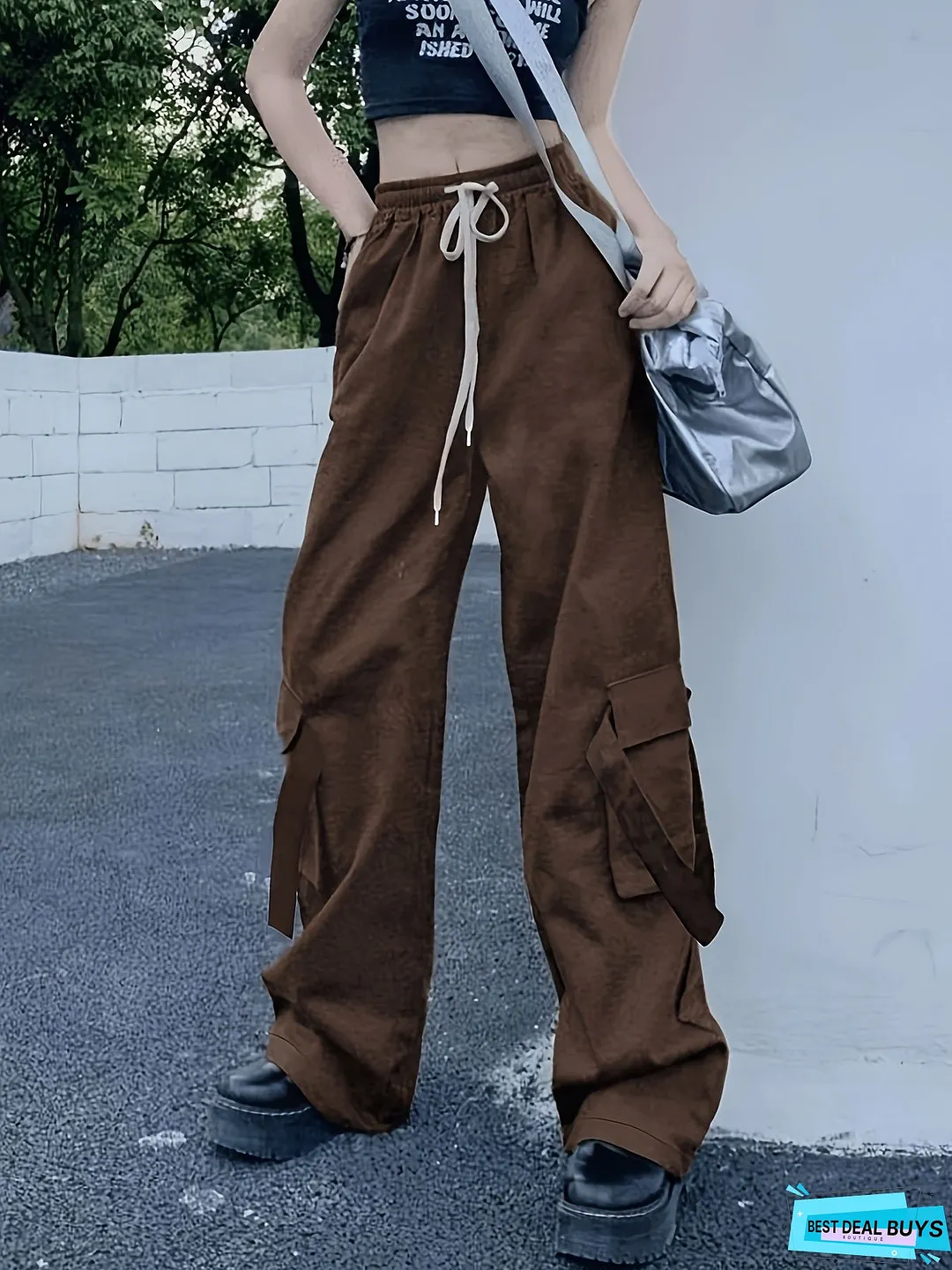 Solid Wide Leg Cargo Pants, Y2K Drawstring Streetwear Baggy Pants With Pocket, Women's Clothing