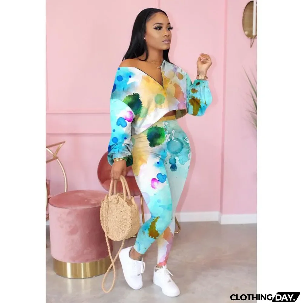 Casual Printed Long Sleeve Two Piece Pants Set