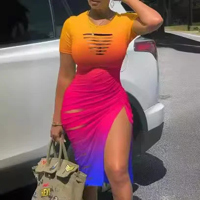 Wongn Wongn Sexy Round Collar Short Sleeve Slit Pleated Dress