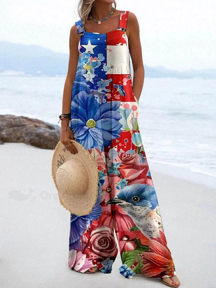 Women's Independence Day Floral Pattern  Loose Linen Material Jumpsuits