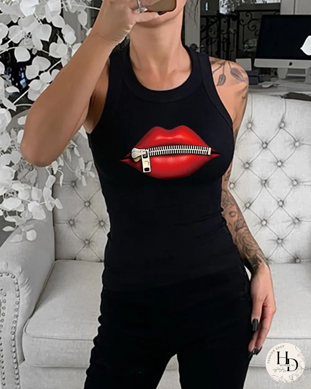 Summer Sleeveless Basic Cami Top Shirt Slim Knit Ribbed Racerback Blouses Lip Zipper Print