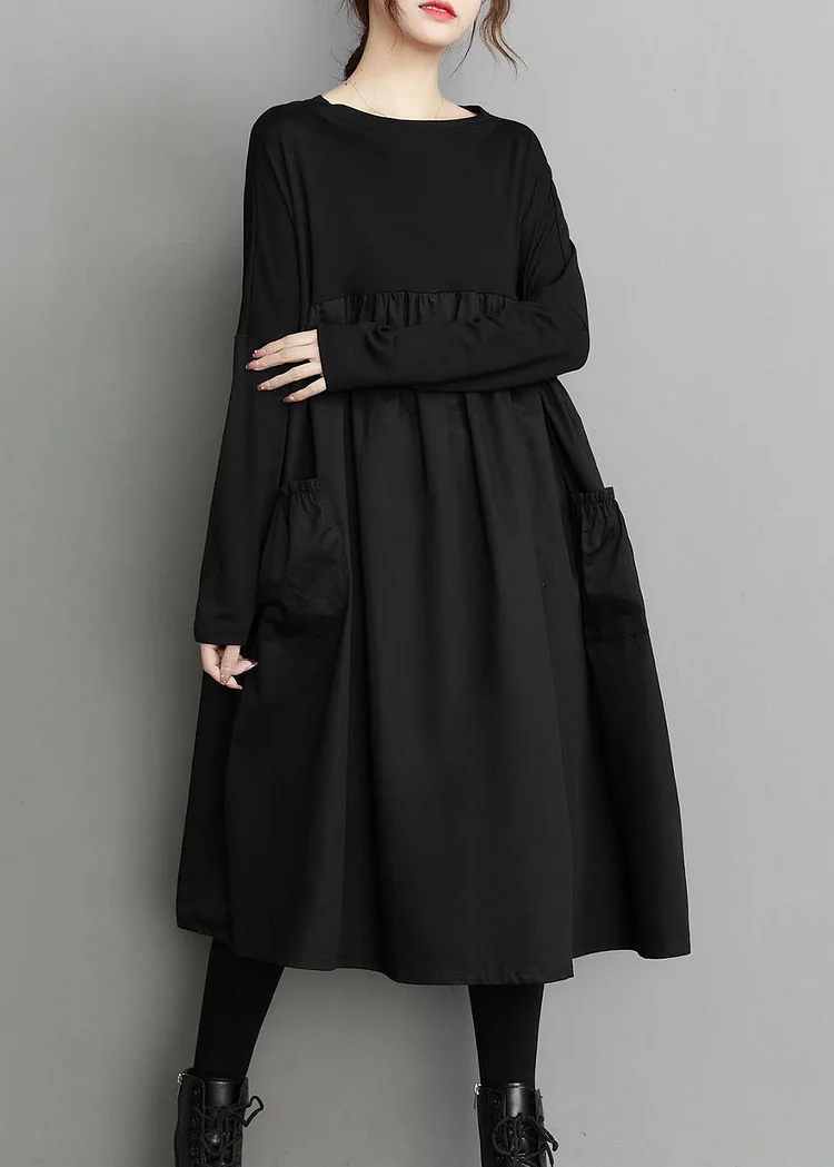 Oversized Black O Neck Wrinkled Pockets Patchwork Cotton Dress Spring