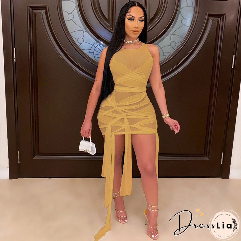 ANJAMANOR Sexy Mesh Bandage Dress Summer ClothesFor Women Birthday Party Club Outfits Bodycon Mini Dresses D12-BI30