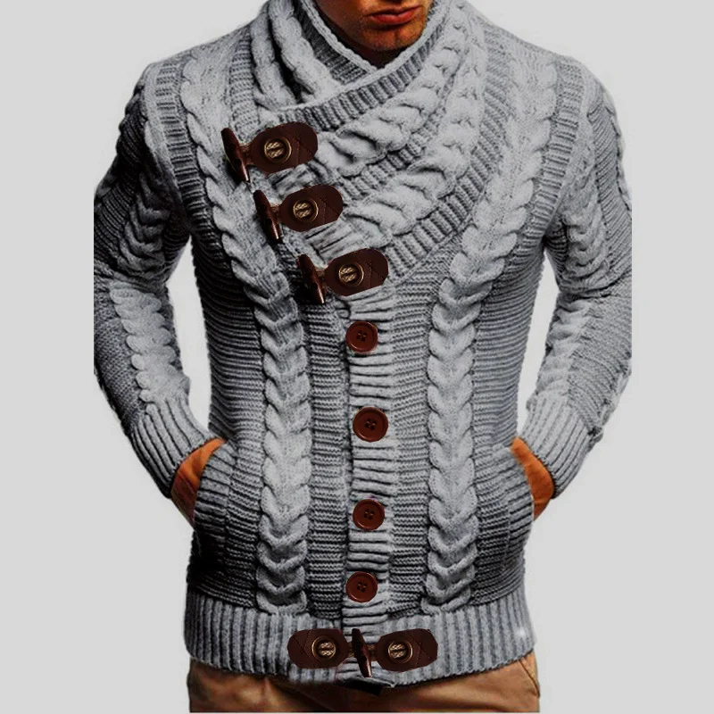 Wongn Wongn Men's Turtleneck Button Horn Buckle Knit Fashion Cardigan Men's Sweater