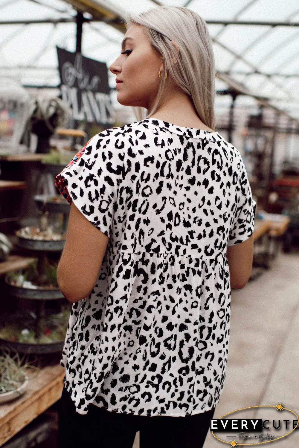 Leopard Mix Print Tassel Tie Blouse