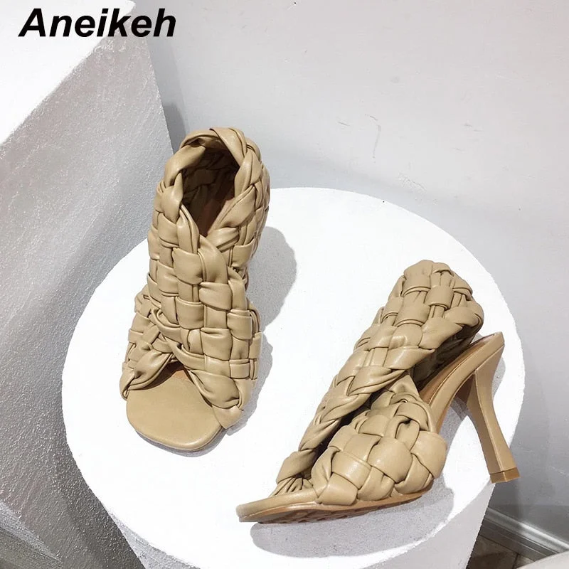 Aneikeh Sexy Femmes Cross Woven PU Fabric Sandales Summer Peep Toe High Heel Fashion Soft Leather Slides Ladies Gladiator Party