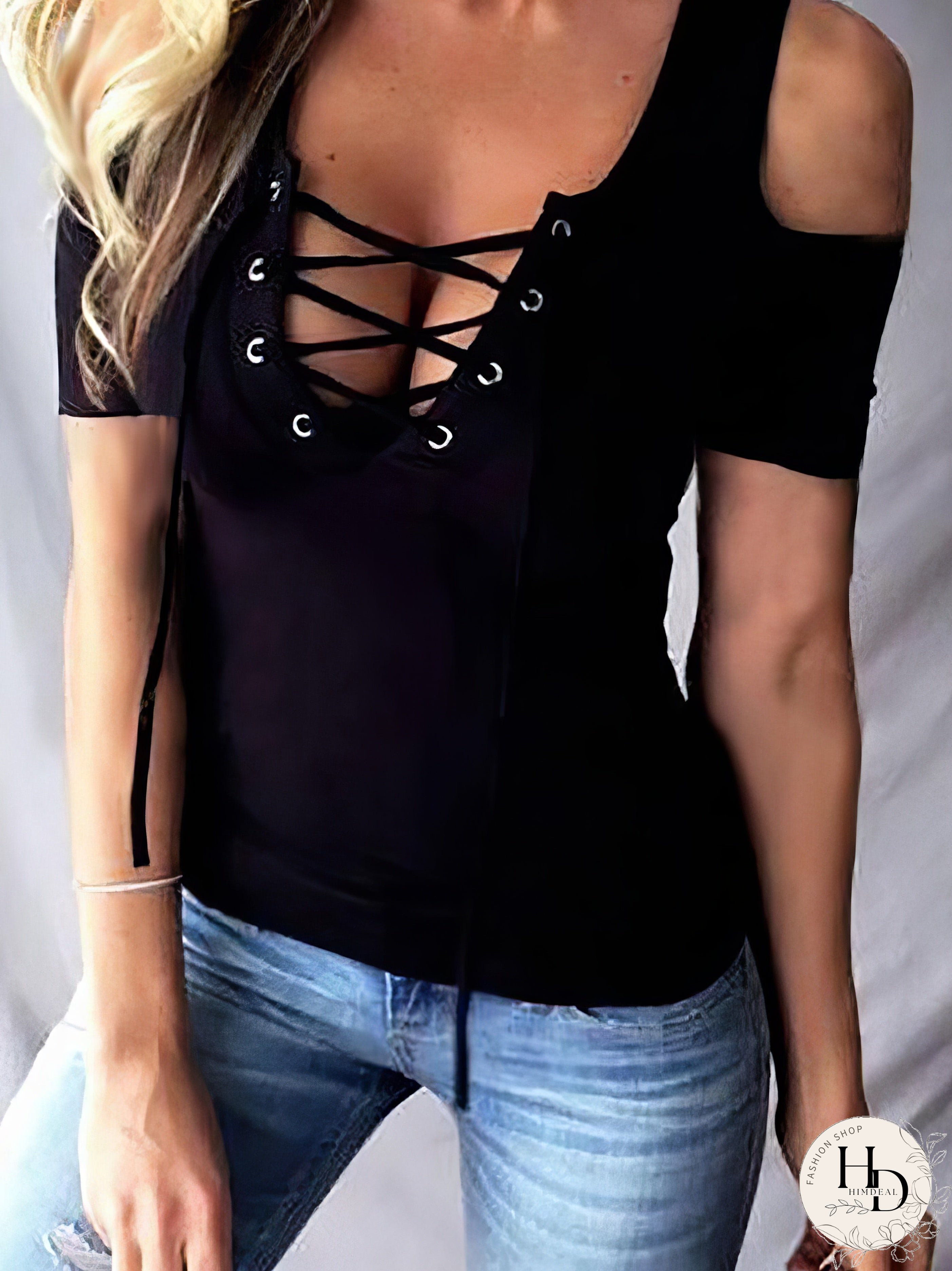 Cold Shoulder Eyelet Lace-up Blouse