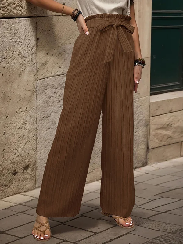 Elasticity Pleated Solid Color Tied Waist High Waisted Loose Trousers Pants