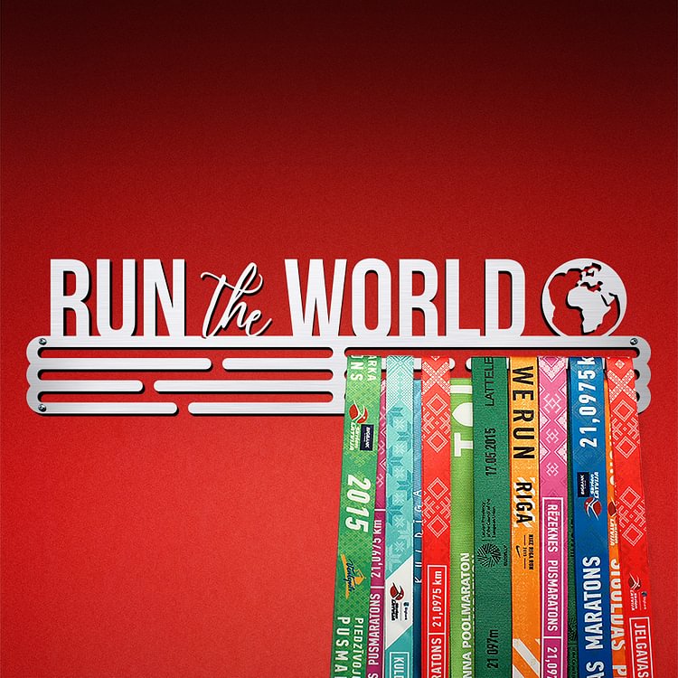 RUN THE WORLD Medal Hanger Display – Brushed Stainless Steel – Large / 430mm / 48 Medals