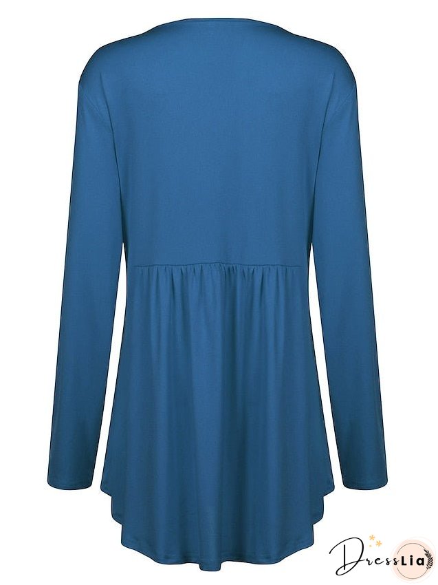 T shirt Tee Light Blue claret Deep Purple Plain Button Flowing tunic Long Sleeve Daily Weekend Basic V Neck Long Plus Size L for Women