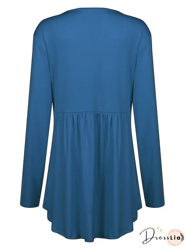 T shirt Tee Light Blue claret Deep Purple Plain Button Flowing tunic Long Sleeve Daily Weekend Basic V Neck Long Plus Size L for Women