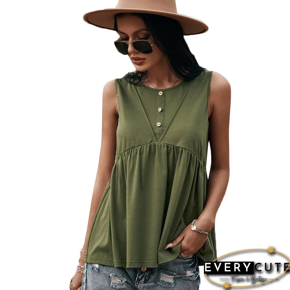 Army Green Solid Buttoned Knit Loose Tank