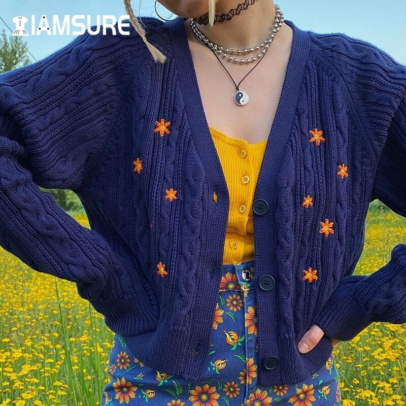 IAMSURE Flower Embroidery Long Sleeve Cute Cardigans Sweater For Women V Neck Aesthetic 90s Sweater 2020 Autumn Winter Korean