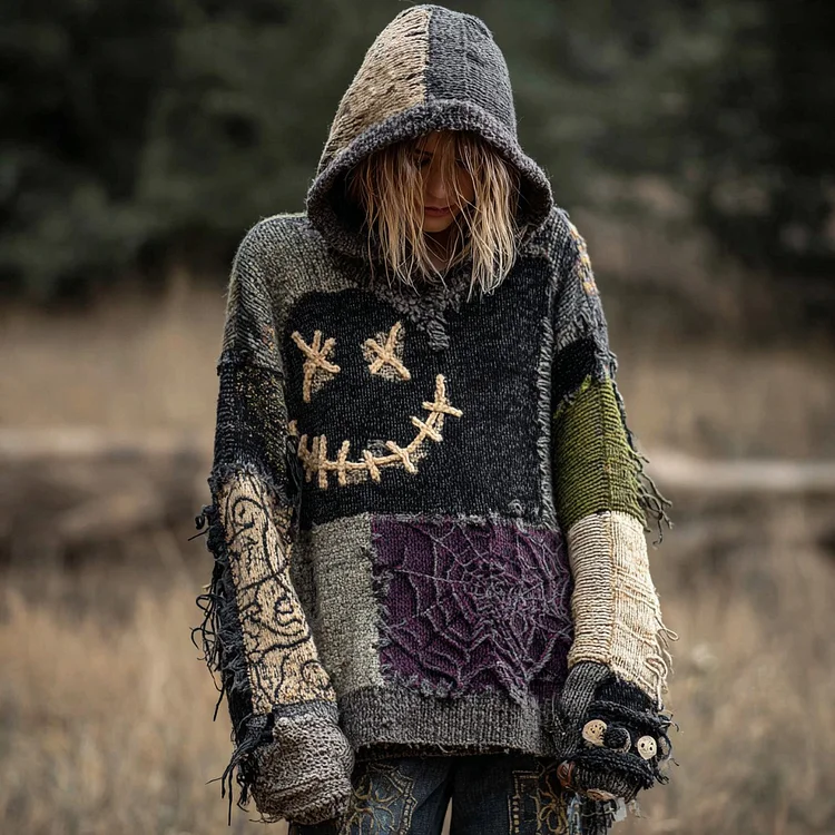 Spooky Face And Spider Web Patchwork Design Cozy Halloween Knit Hooded