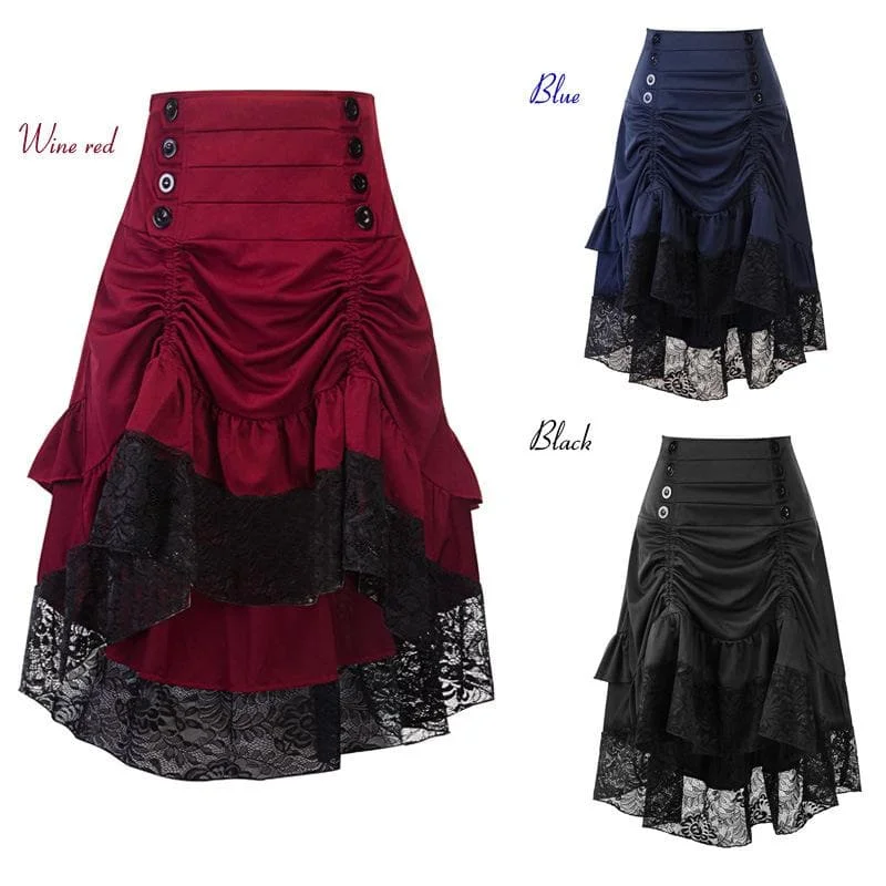 Black/Wine/Blue Sweet Streampunk Victorian Lace Pleated Skirt SP13845