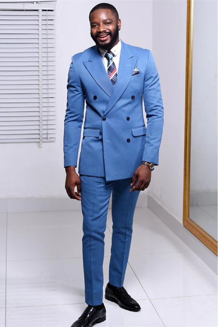 Blue Double Breasted Peaked Collar Stylish Men Suits with Notched Lapel XZ0002