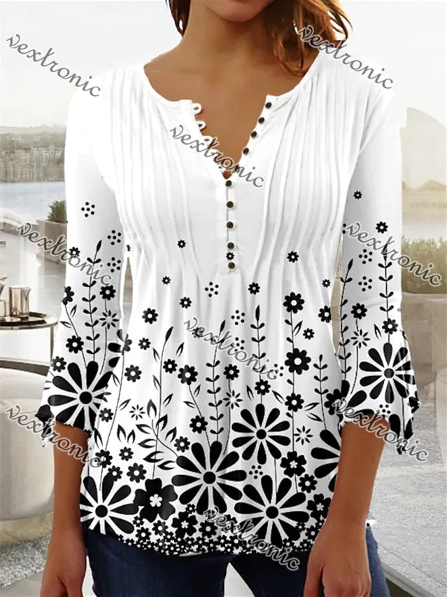 Women's White V-neck Long Sleeve Floral Printed Tops